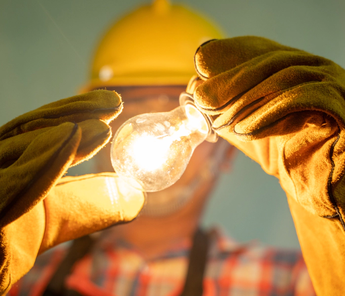 man with gloves holding a lit bulb canton ga